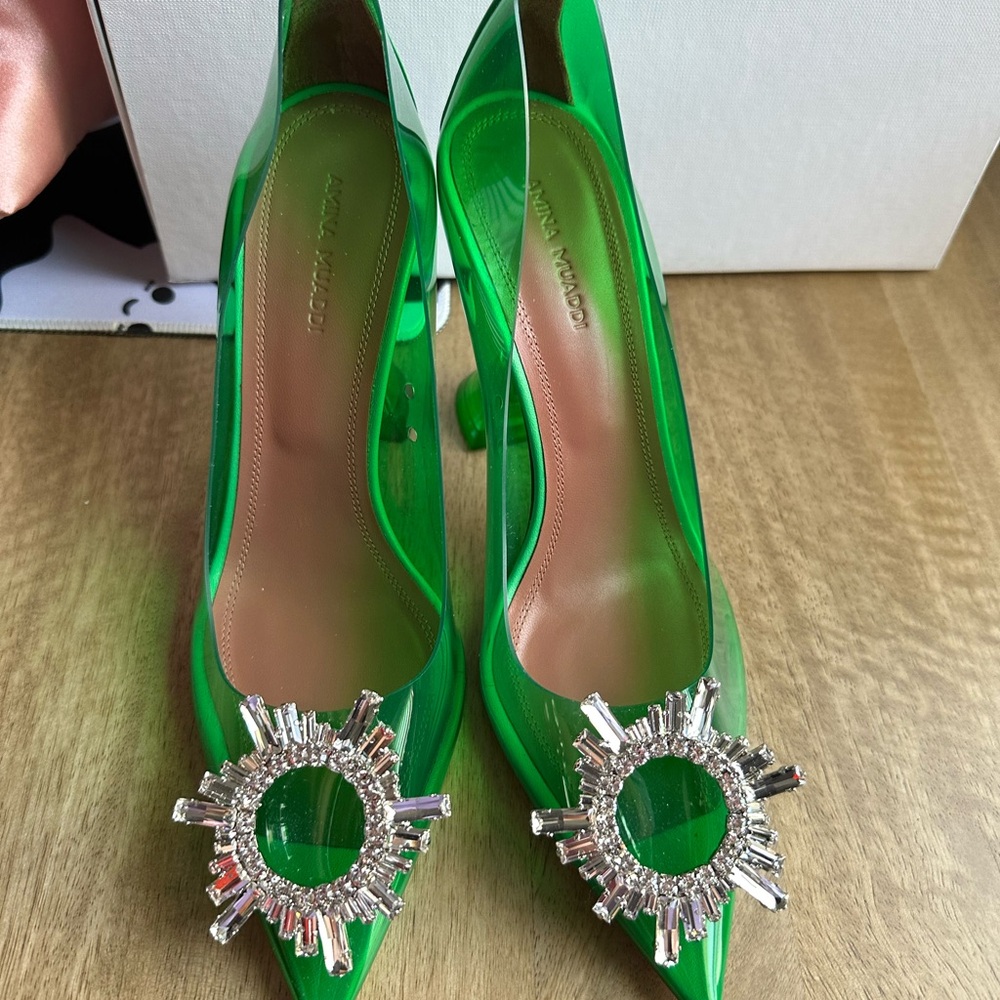 Amina Muaddi Green Crystal Begum Heels